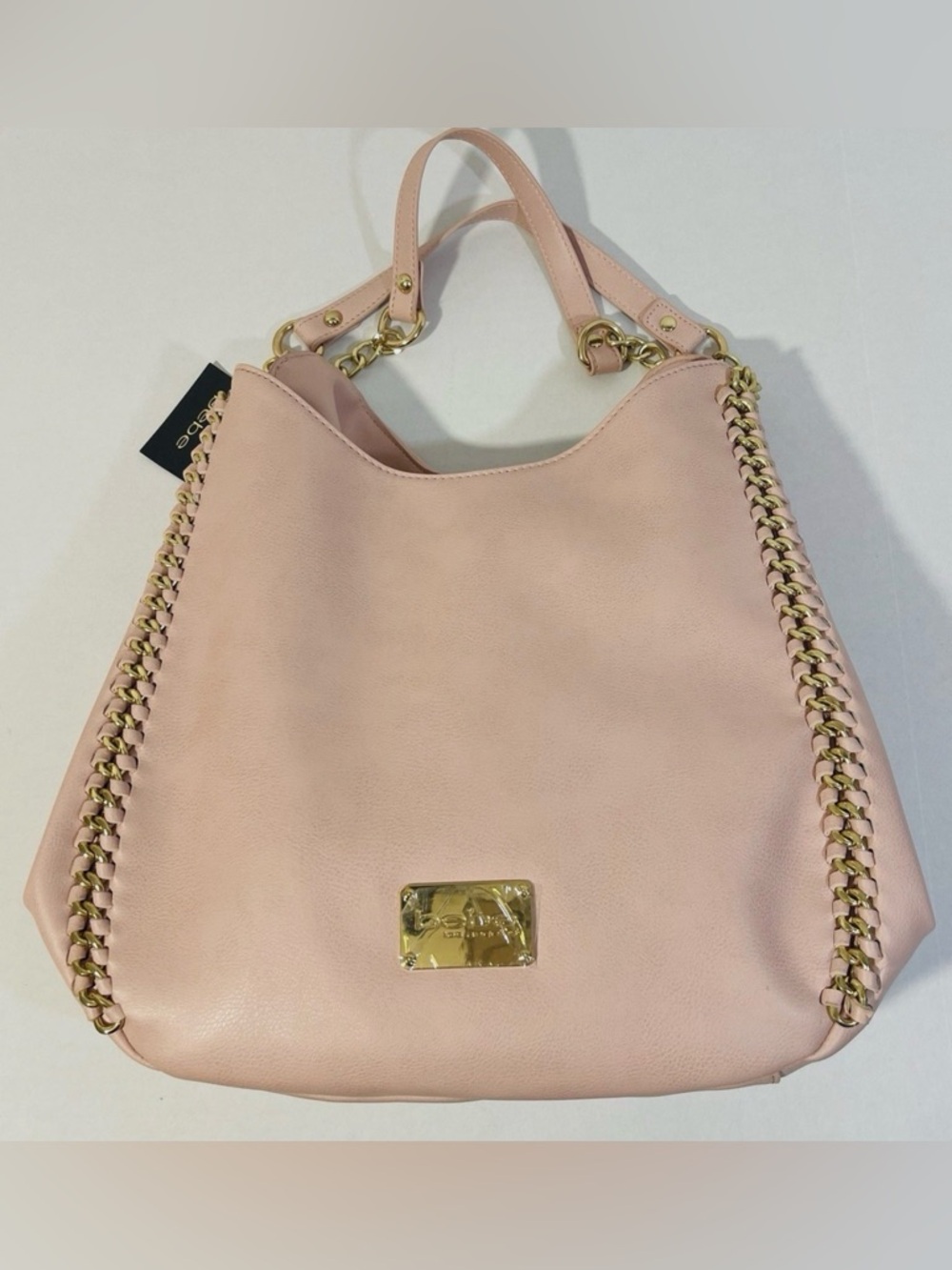 bebe Blush Pink Triple Entry Hobo Bag Woven Chain Side Accent